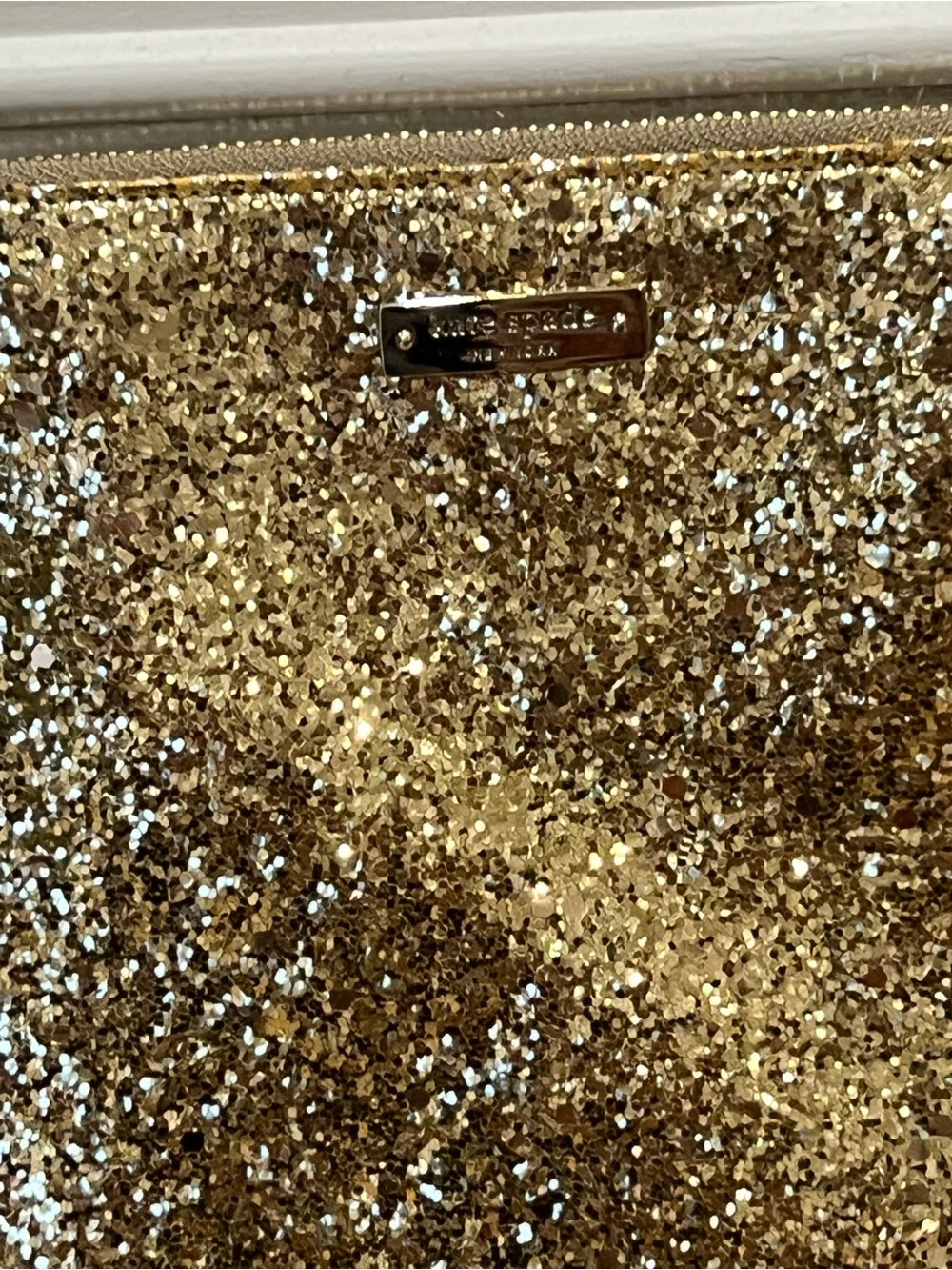 kate spade Gold Glitter Zip Pouch with Logo Plate
